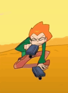 a cartoon character is kneeling down holding two guns in his hands .