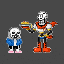 a pixel art of papyrus holding a pie next to sans