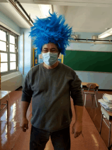 a man wearing a blue wig and a mask stands in a classroom