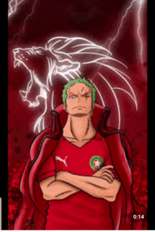 a drawing of a man in a red shirt with his arms crossed and a lion behind him