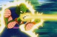 piccolo from dragon ball z is holding a lightning bolt in his hand and shooting it .