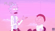 rick and morty are standing next to each other with the word play in the corner