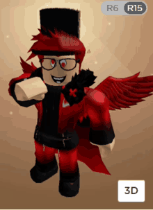 a red and black roblox character with a r6 r15 badge