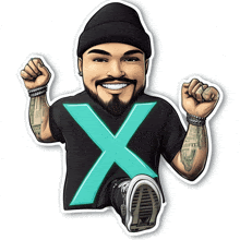 a cartoon of a man wearing a black shirt with a blue x on it