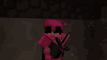 a pixel art of a person holding a sword in a dark room