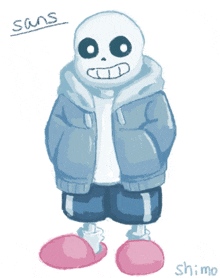 a drawing of sans from undertale with a blue jacket and pink shoes