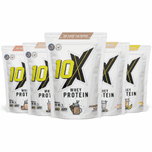 several bags of 10 10 10x whey protein are lined up