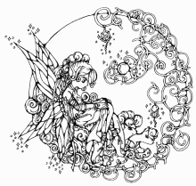 a drawing of a fairy sitting on a crescent moon