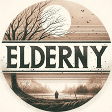 a poster for elderny shows a man standing in a field with trees in the background