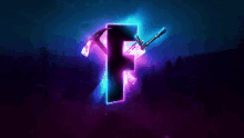 the letter f is glowing in the dark with a hammer and a gun