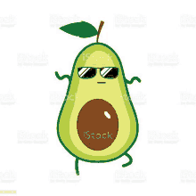 the avocado is wearing sunglasses and has a leaf on its head .