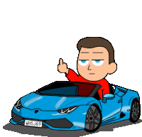 a cartoon of a man giving the middle finger while driving a blue sports car with the license plate whsj69