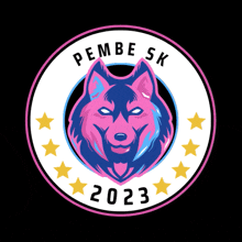 a pink and blue logo with the year 2023