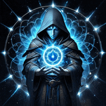 a man in a hooded robe is holding a blue circle in his hands