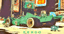 a pixel art drawing of frogs in a green car with the word kango on the bottom