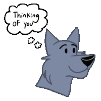 a drawing of a dog with a thought bubble that says thinking of you