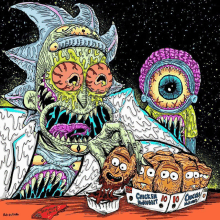 a colorful drawing of rick and morty eating chicken nuggets