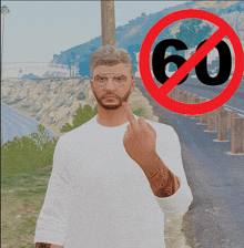 a man giving the middle finger in front of a sign that says no 60