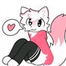 a pink and white cat with a pink tail is sitting down with a heart speech bubble .