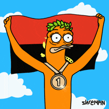 a cartoon character holding a flag and a medal with the number 3