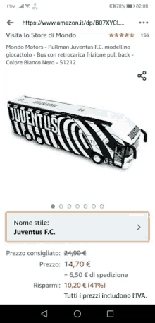 a phone screen shows a juventus f.c. bus for sale