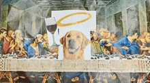 a painting of the last supper with a dog and wine glass