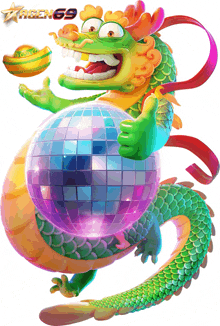 a cartoon dragon is holding a disco ball and giving the thumbs up sign