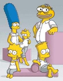 a cartoon of the simpsons posing for a picture with bart sitting on a pink block