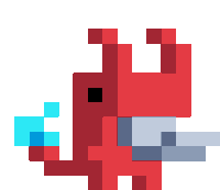 a pixel art drawing of a red monster with a blue tail .