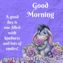 eeyore holding a bouquet of purple roses on a purple background that says good morning