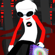 a cartoon character wearing sunglasses and holding a colorful bag