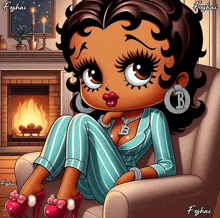 a cartoon of betty boop sitting in a chair with a fireplace in the background