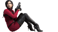 a woman in a red dress is holding a gun