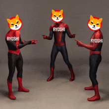 three spider-man costumes with ryoshi written on them