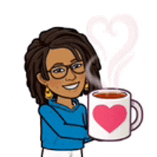 a cartoon girl is holding a cup of coffee with a heart on it .