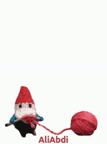 a knitted gnome with skis and a ball of yarn with aliabdi written on the bottom