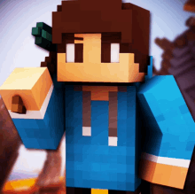 a minecraft character wearing a blue hoodie points his finger