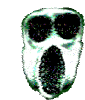 a pixel art drawing of a ghost face with a glowing mouth