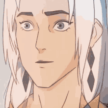 a close up of a cartoon character 's face with long white hair .