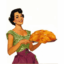 a woman in a green and white checkered top is holding a large pie