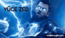 a man is being struck by lightning and the words yüce zed are on the bottom