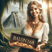 a woman is holding a box full of gold coins that says balon 168