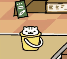 a cat is sitting in a yellow bucket in a cartoon .