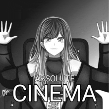 a black and white drawing of a girl sitting in a chair with the words absolute cinema above her