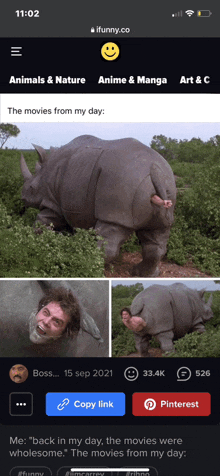 a screenshot of ifunny.co shows a rhino with a man 's head on its back