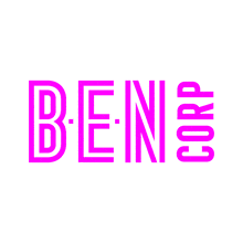 a pink and white logo for ben corp