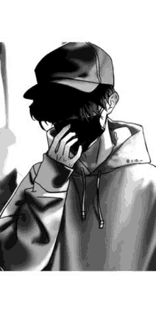 a black and white drawing of a man wearing a baseball cap and a hoodie talking on a cell phone .