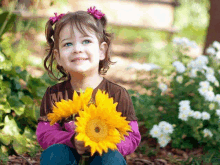 a little girl is holding a sunflower in her hands