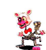 mangle from five nights at freddy 's is a cartoon character with a bow tie and skeleton arms and legs .