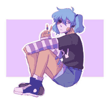 a drawing of a girl with blue hair and a shirt that says sally